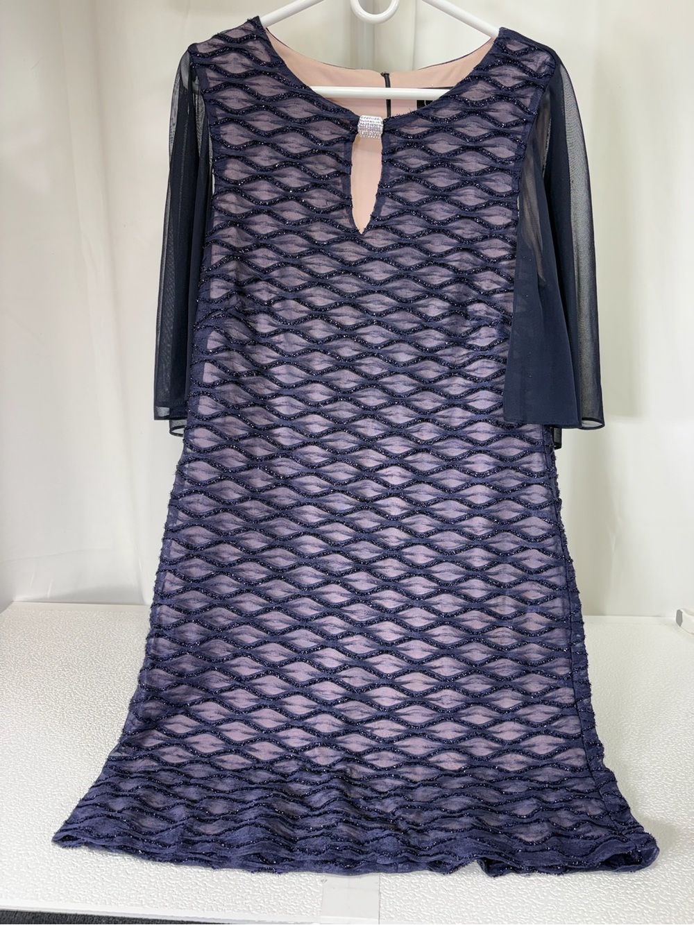 connected apparel Navy Lace-Overlay Midi Dress w Blush Lining and Keyhole 3980